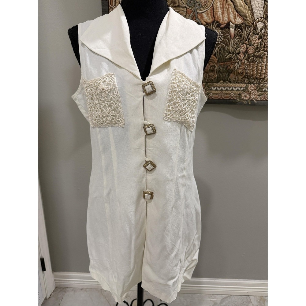 Dani Michaels Vest Womens 7/8 White Long Lace Pockets Collared Button Front